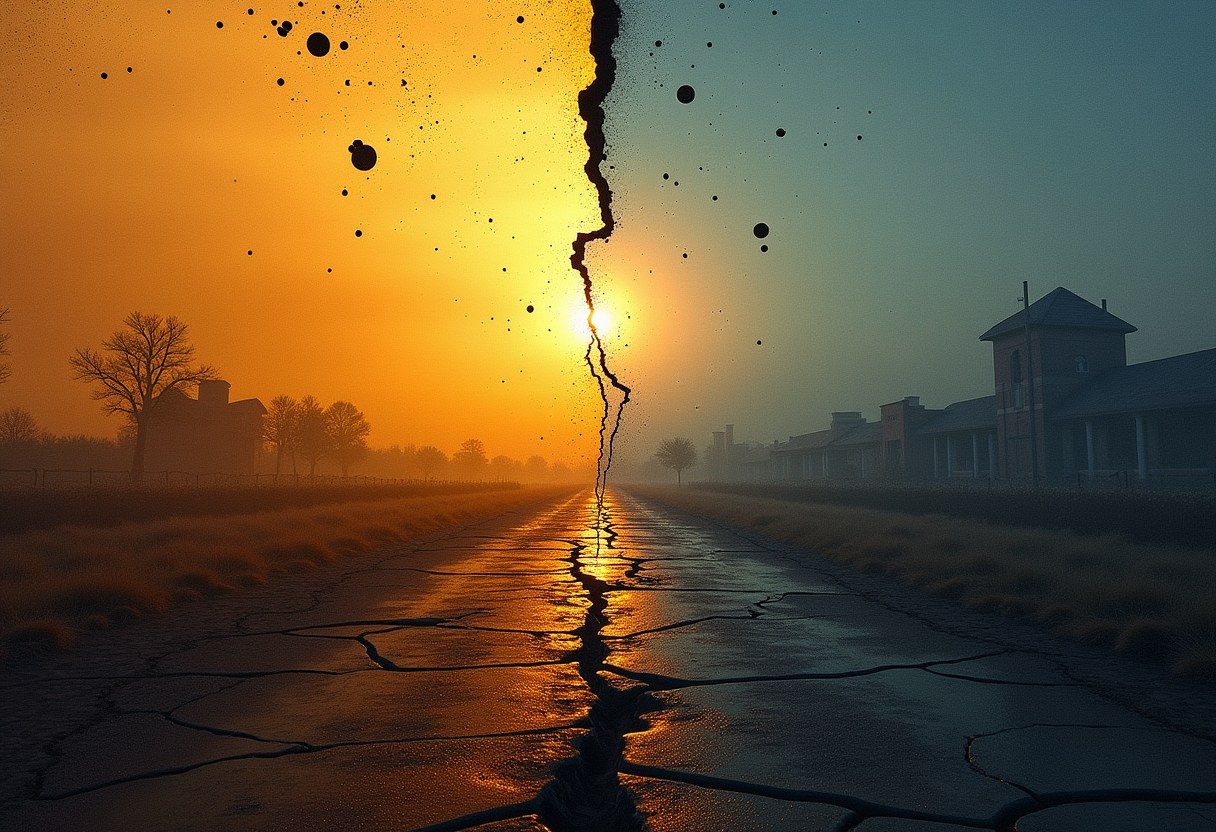 A cracked landscape split between warm amber light and cool blue shadow -- abstract, no text, no human figures
