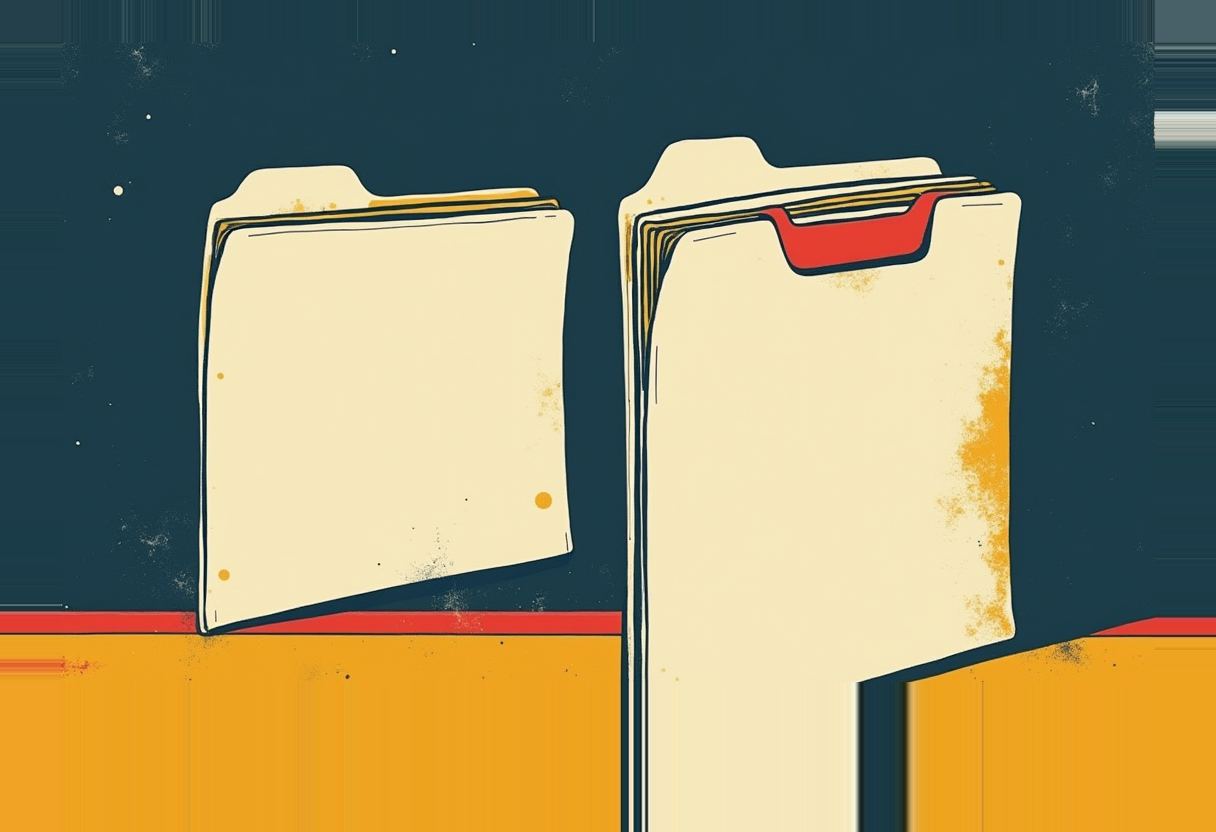 Two illustrated manila folders on a yellow surface against dark teal, one thin with no tab, one thick with a red tab, both against a dark blue background with scattered dots.
