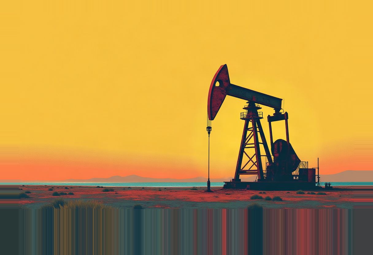 A pump jack oil derrick silhouetted on a desert plain under a yellow-orange sky, with hazy blue hills and water visible on the horizon.