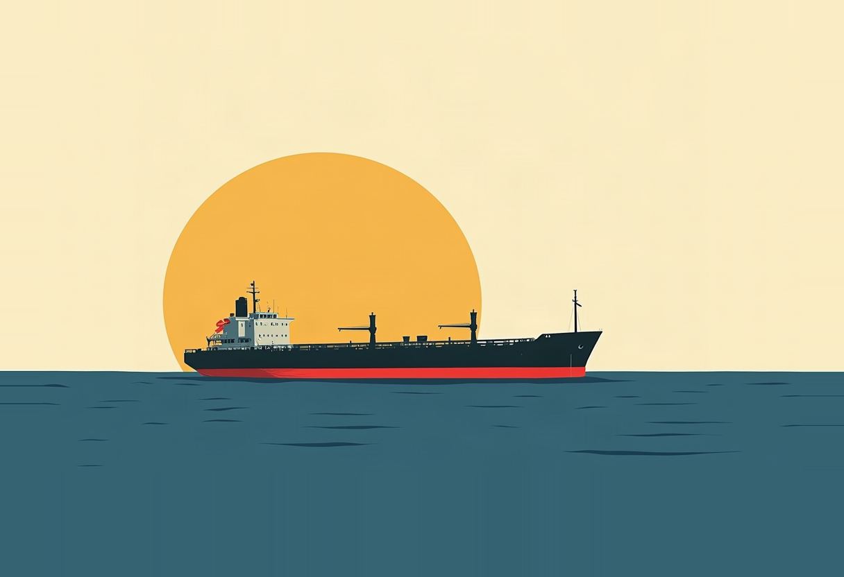 Flat illustration of a black oil tanker with a red hull stripe on dark teal water, silhouetted against a large orange sun and pale yellow sky.