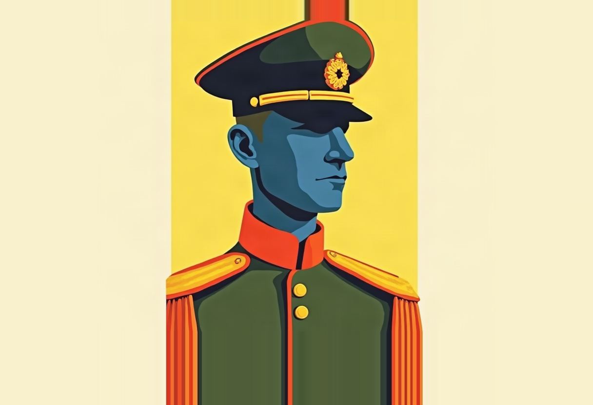 Stylized illustration of a blue-skinned soldier in profile wearing a green peaked cap and military jacket with orange trim, gold buttons and epaulettes, against a yellow background with a vertical orange stripe.