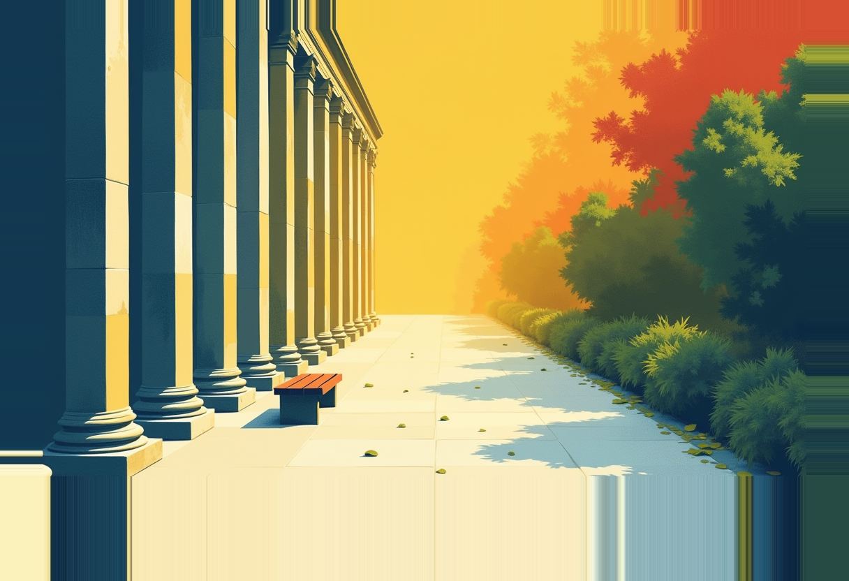 A row of stone columns lines a paved walkway beside a hedge and trees in red, orange, and green, under a glowing yellow sky, with an empty bench and scattered leaves on the ground.