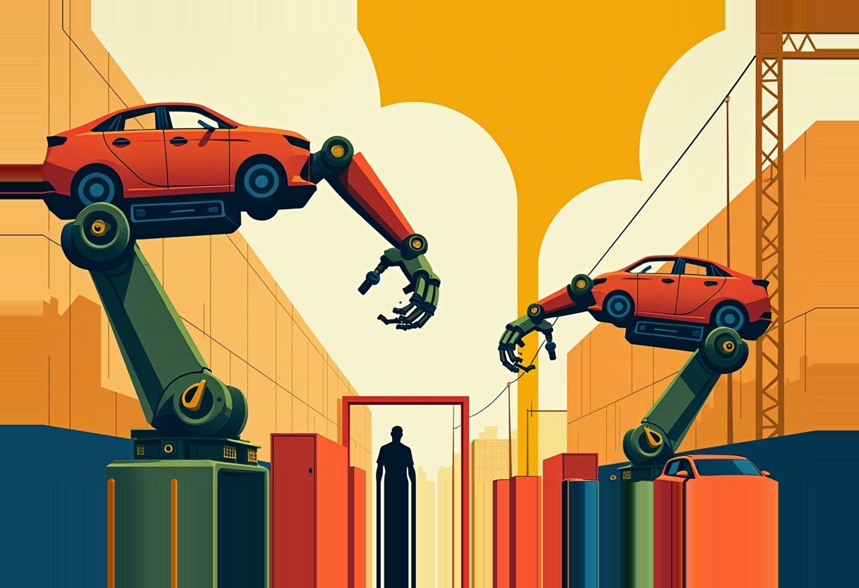 Two green robotic arms hold orange sedans aloft above a silhouetted figure standing between colorful bar-like buildings, with a crane and yellow sky behind.