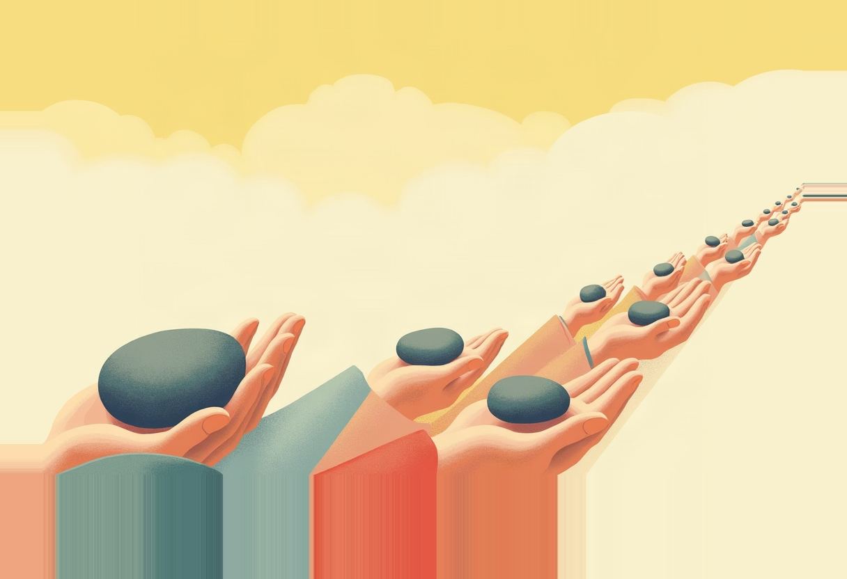 A receding row of outstretched hands in teal and orange tones each hold a dark oval stone, shrinking into the distance under a pale yellow sky.