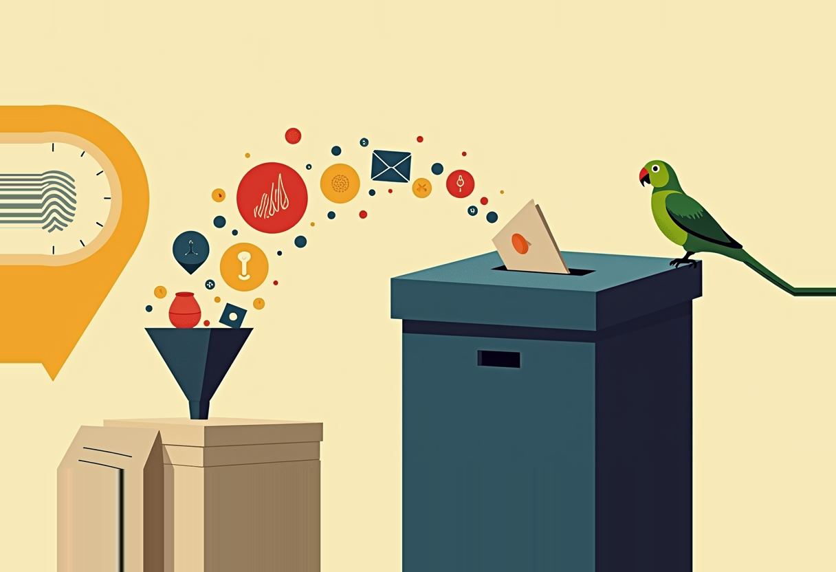 A dark blue ballot box receives an envelope while a green parrot perches on top; small icons flow from a funnel into the box beside a fingerprint icon.