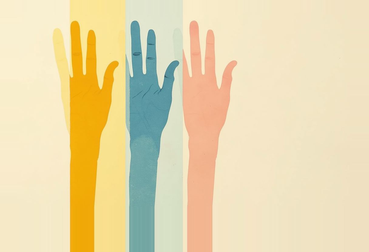 Three raised human hands in flat illustration—gold-orange, teal-blue, and coral-pink—against a cream background with matching faint vertical color bands behind each.