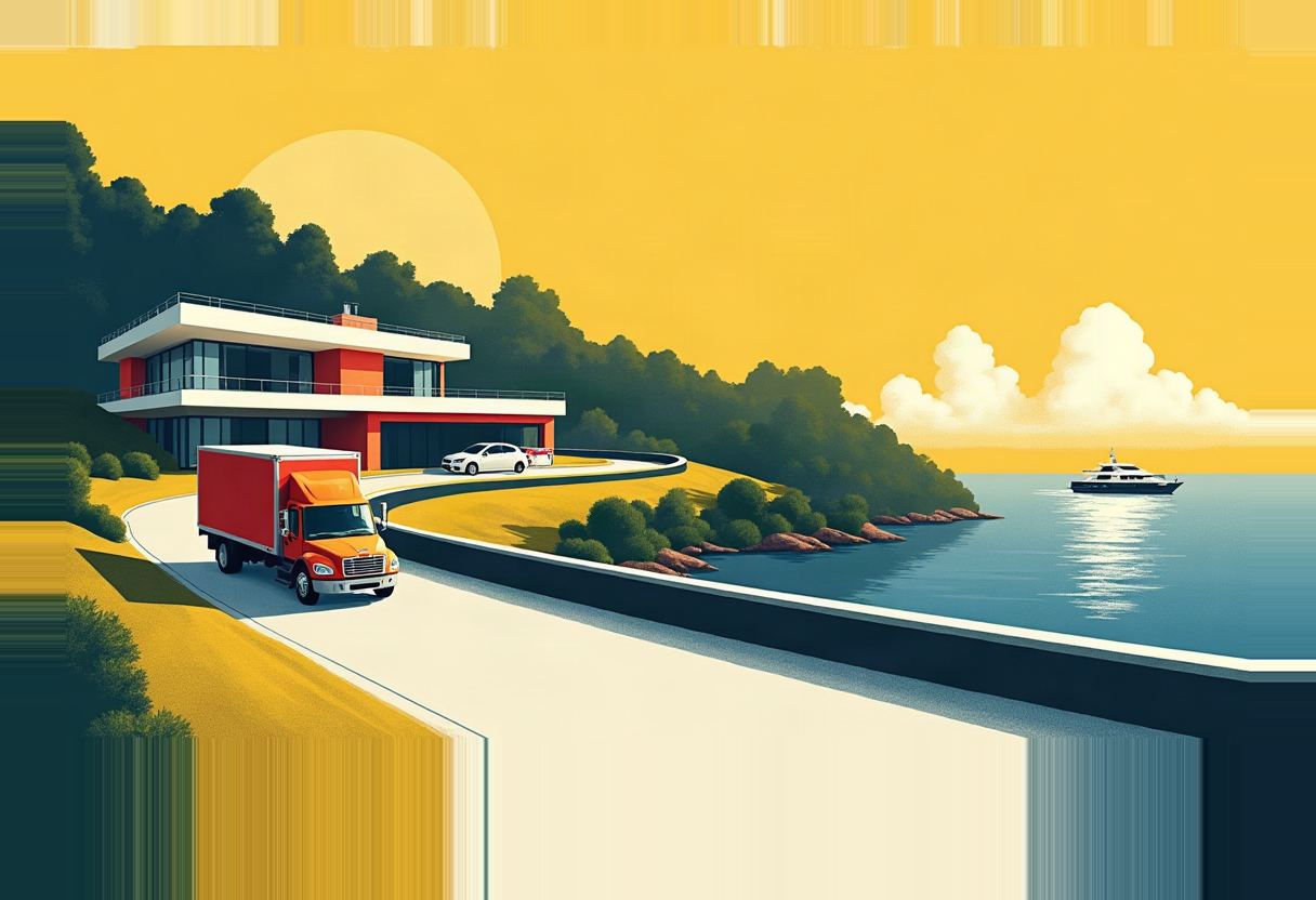 Illustration of a red delivery truck on a coastal road below a flat-roofed waterfront house, with a white car, a yacht offshore, and a large yellow sky.