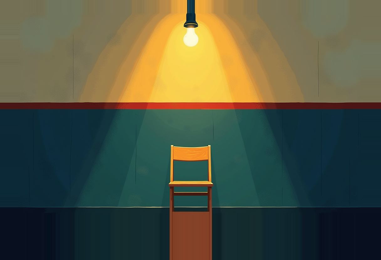 A single empty wooden chair stands under a bare hanging light bulb, its cone of yellow light falling on a dark teal wall with a red horizontal stripe.