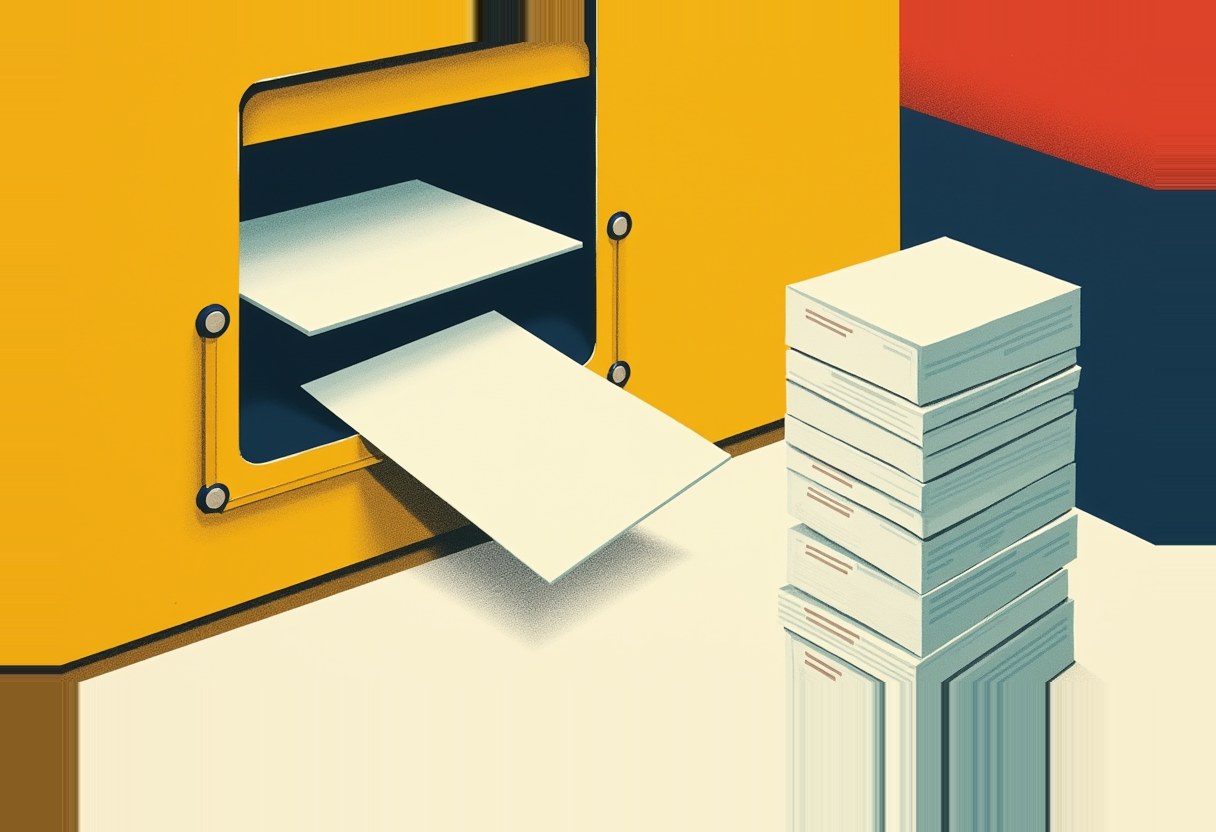 A yellow slot on a wall dispenses a single sheet of paper next to a tall stack of paper reams on a cream floor, with red and navy blocks in the background.