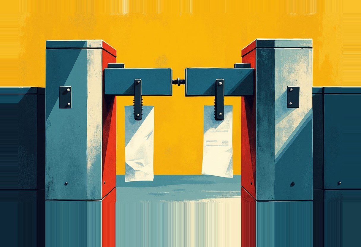Two blue and red vice-like machines face each other on a yellow background, each clamping a crumpled white paper document that hangs between them.