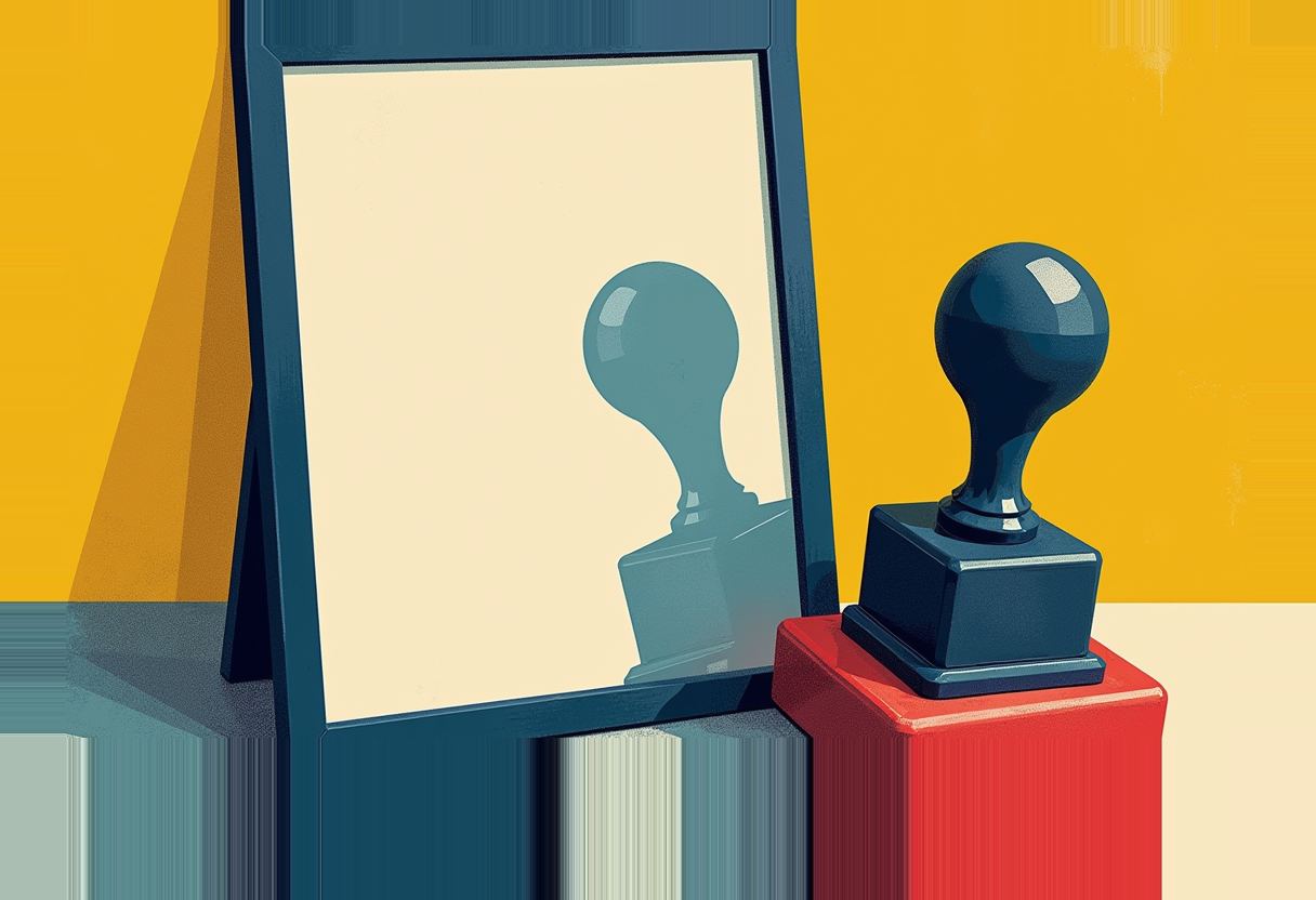 A dark rubber stamp on a red block stands beside an easel-mounted mirror reflecting its own shape, against a yellow background.