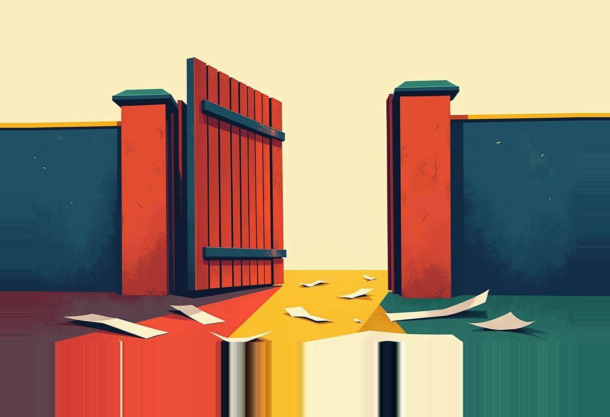 A flat-design illustration of a red wooden gate swung open between two dark blue walls, with scattered white paper scraps on a red, yellow, and green striped ground.