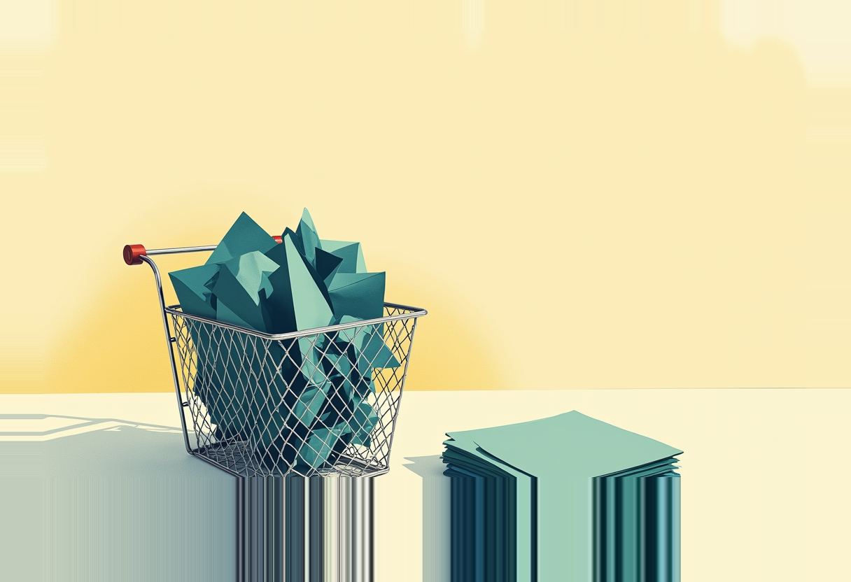 A metal wire shopping basket with a red handle grip holds crumpled teal paper on a pale yellow background, beside a neat stacked pile of the same teal paper.