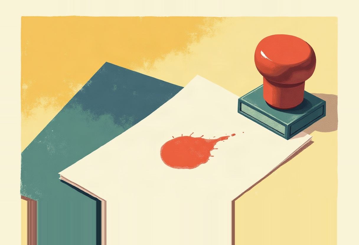 A red splatter mark sits on a stack of cream paper on a desk, next to a red stamp with a teal base, against a yellow background with a dark teal triangular shape behind the papers.