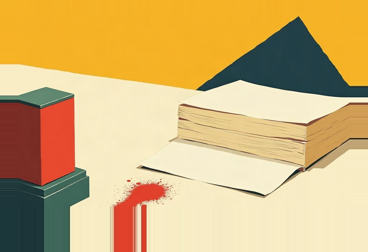 Flat illustration of a red and green rectangular block dripping a red splatter and streak toward a closed book with a folded loose page, a dark triangular peak behind, on a cream floor under a yellow-orange sky.