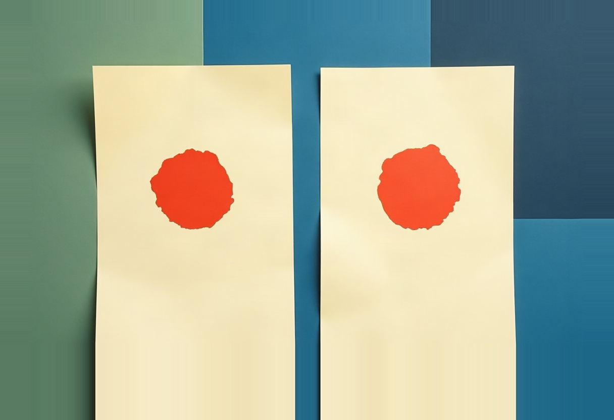 Two cream-colored paper strips, each with a ragged red blot in the center, pinned against a background of green and blue rectangular panels.