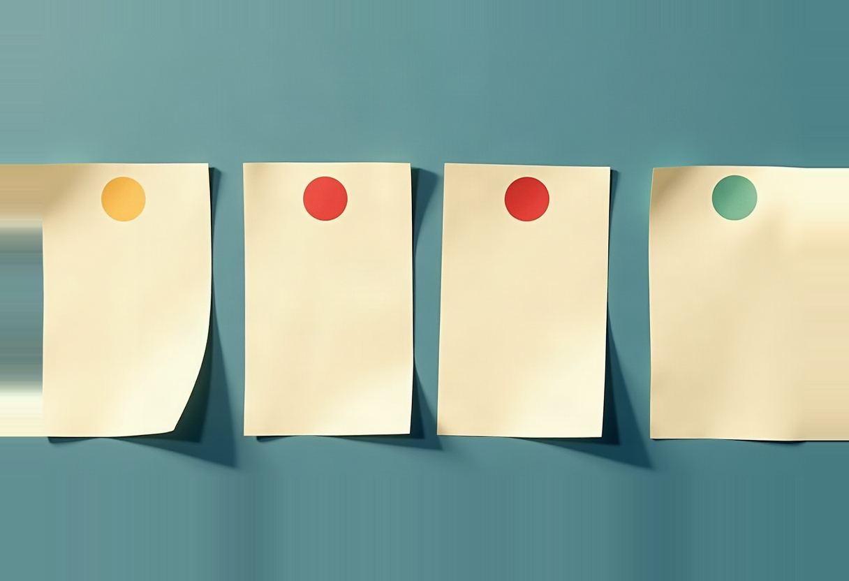 Four blank cream sticky notes pinned to a teal wall, each with a colored dot—orange, red, red, green—with one note's bottom corner curling up.