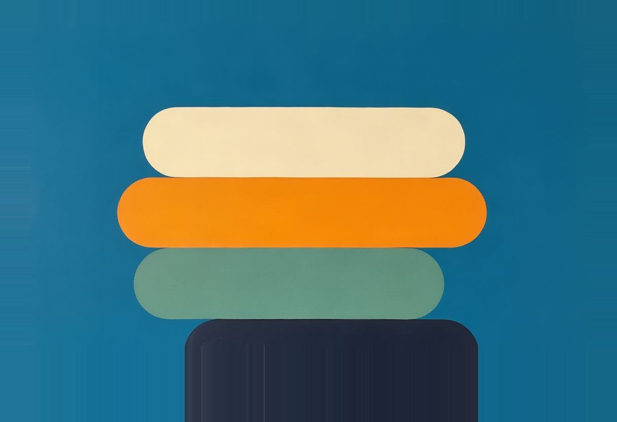 Four stacked rounded horizontal bars in cream, orange, teal, and navy against a blue background.