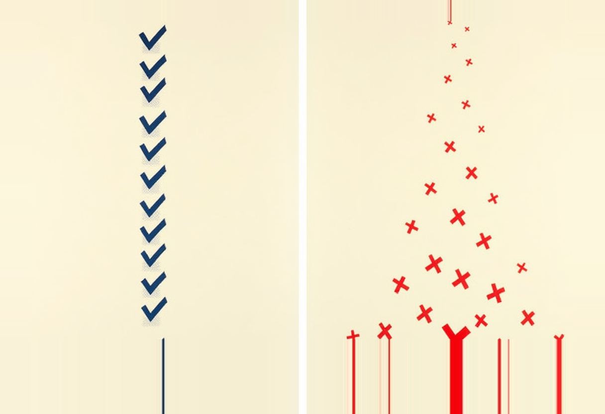 Two-panel risograph: ascending cobalt checkmarks left, tumbling vermilion X-marks right, parrot-green divider