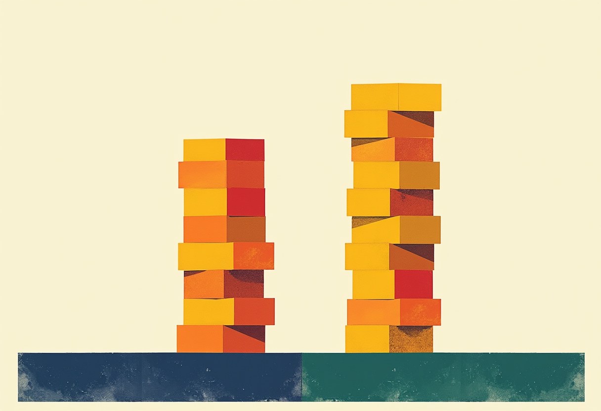 Two abstract riso-style block towers of very different heights rooted on the same baseline, representing two conflicting counts from the same source