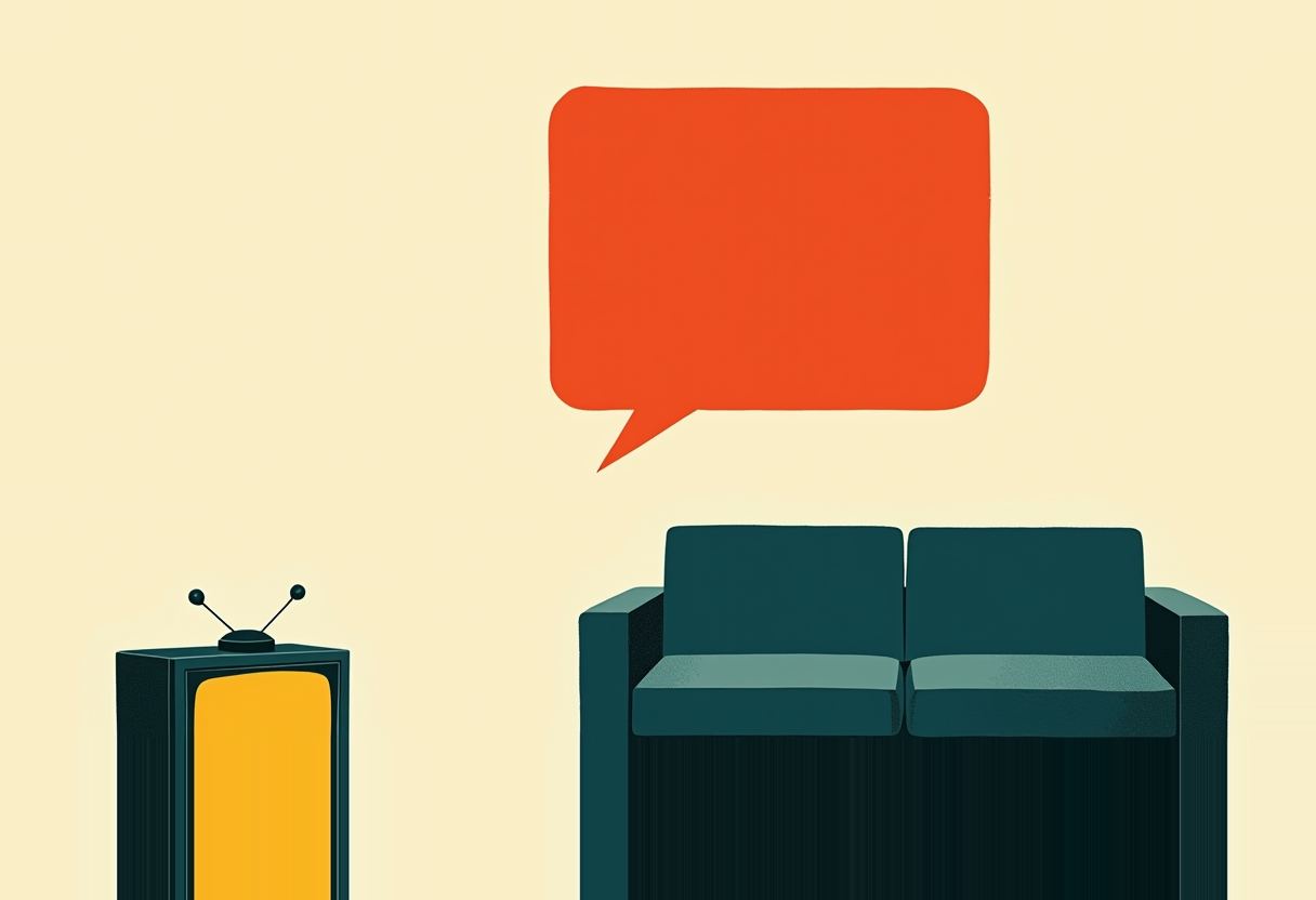 A dark teal two-seat sofa and a retro TV set with an antenna sit on a cream background, with an empty orange speech bubble above them.