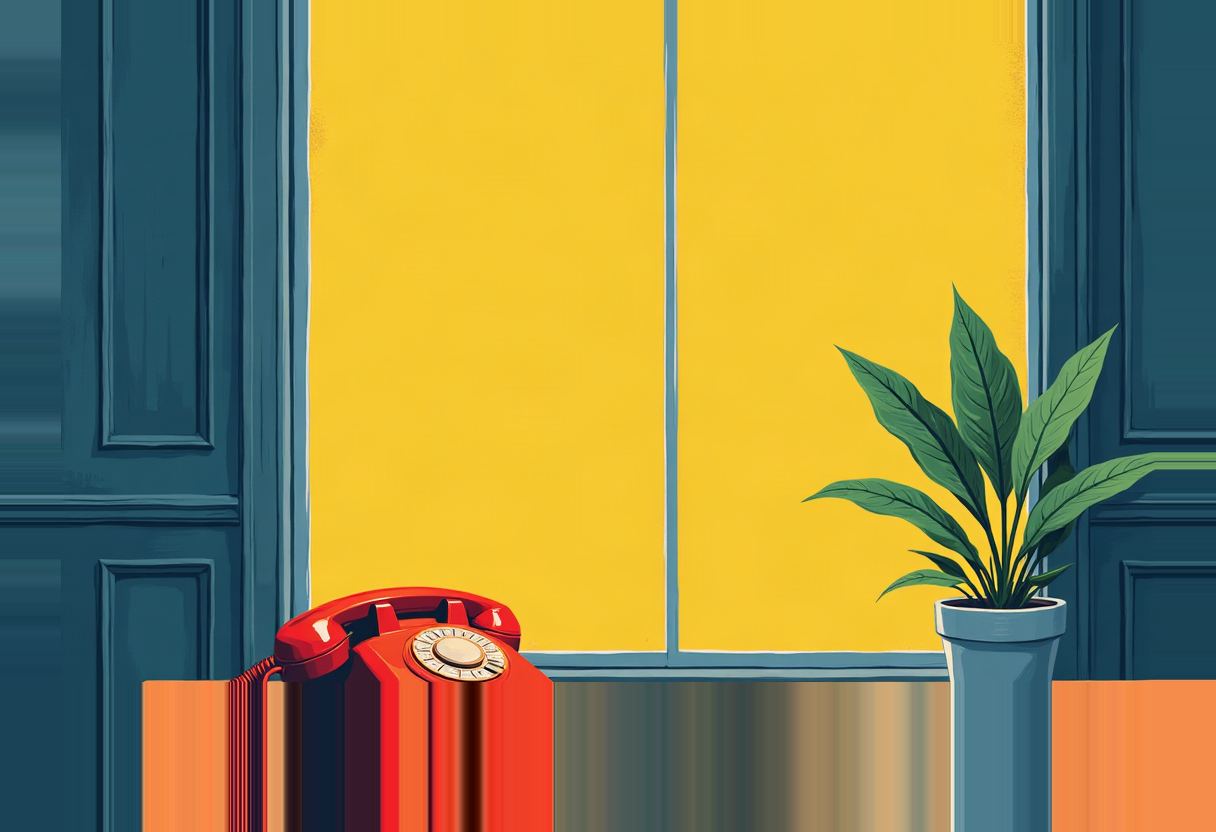 Illustration of a red rotary phone and a potted leafy plant on an orange table against a yellow window with dark teal paneled walls.