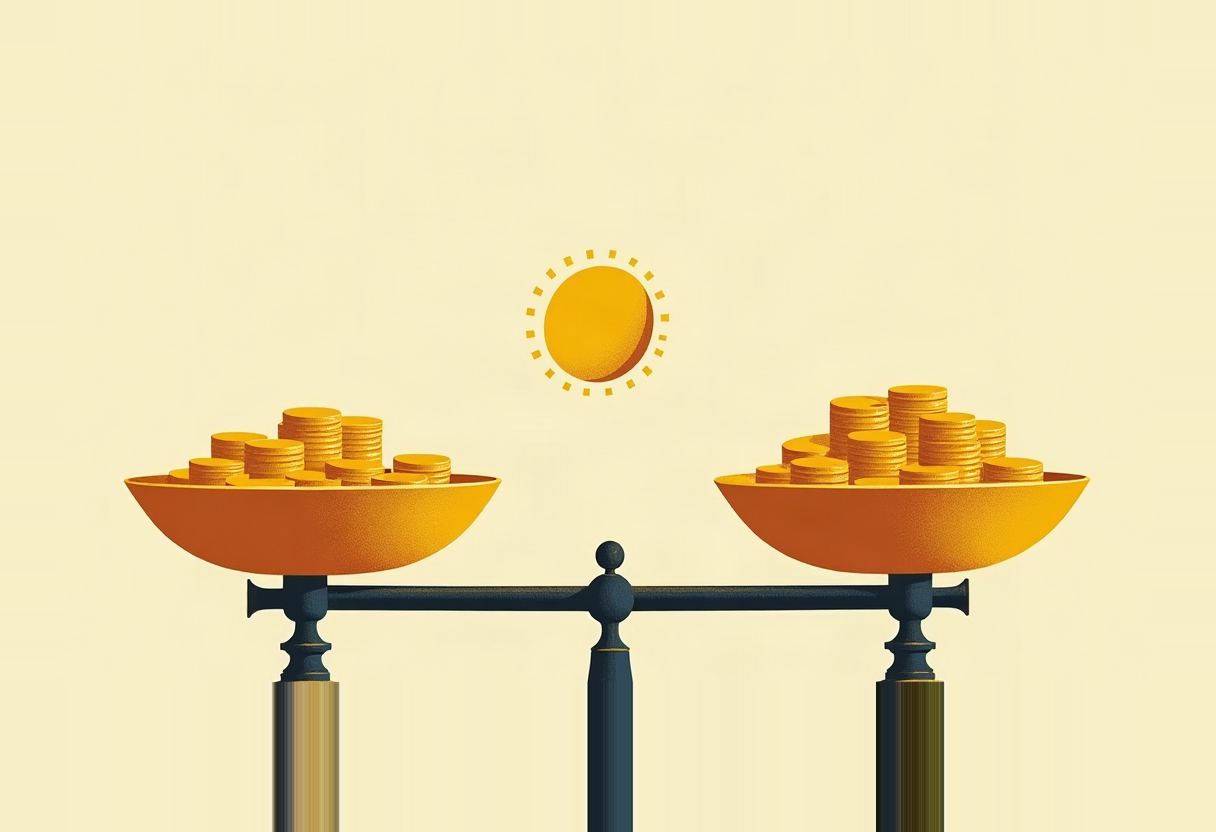 A dark blue balance scale with two gold bowls of stacked coins sits at equal height under a small sun icon, against a pale yellow background.