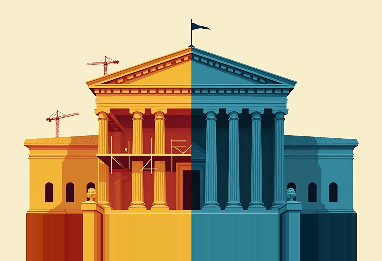Split-frame flat illustration: half-built White House ballroom scaffold with cranes in warm sandstone on the left; the Supreme Court's columned facade in cool slate blue on the right; a clean vertical seam divides the two.
