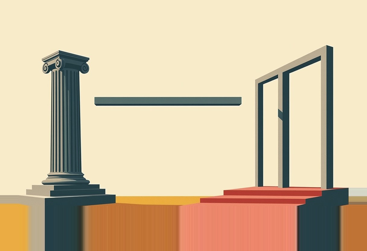 A single dark Ionic column stands beside a floating gray beam that stops short of a doorframe reached by red-carpeted steps, over blocks of yellow, orange, pink, and beige.