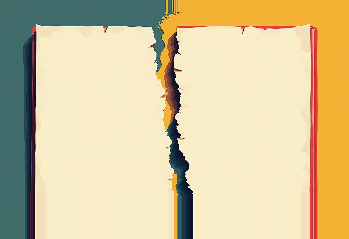 A torn open book with cream pages splits down the middle against teal and gold backgrounds, the pages' edges bordered in dark red, with a jagged crack of teal, gold, brown and black running through the gutter.