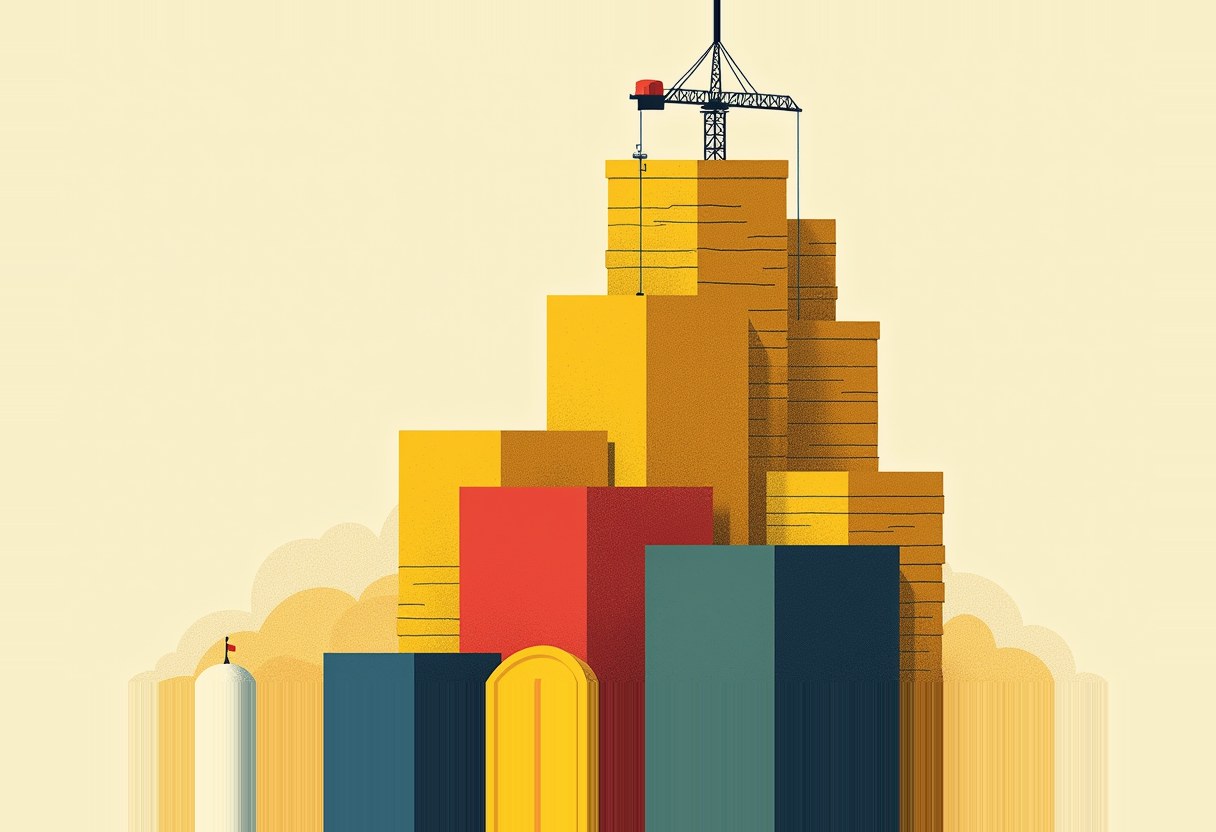 Illustrated stack of gold, red, and teal blocks resembling a tall building topped by a construction crane, beside a small white domed building with a flag, on a pale yellow background.