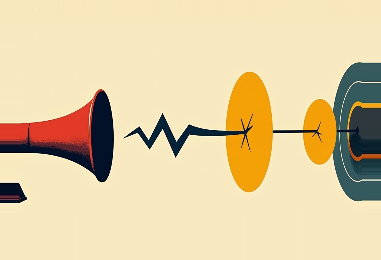 A red horn emits a jagged black lightning-bolt line that pierces two orange discs before reaching a dark teal cylindrical structure, on a cream background.