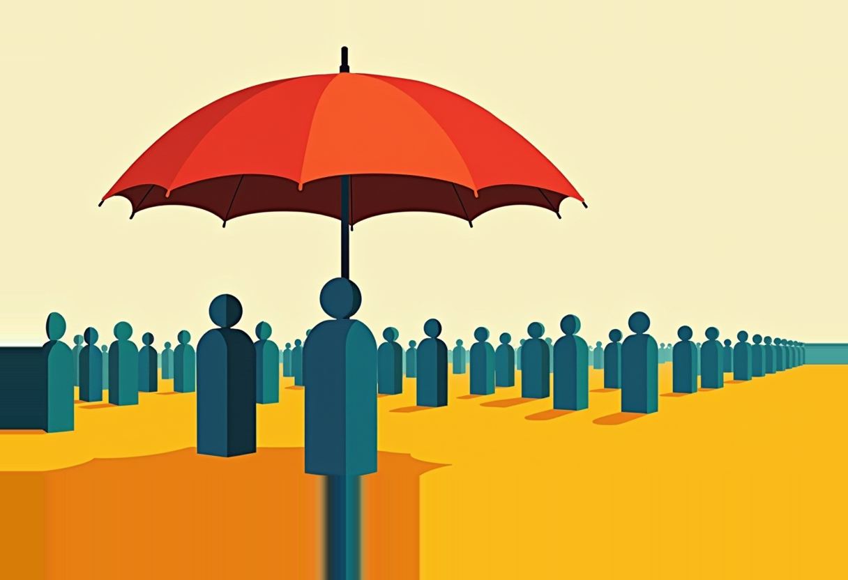 Rows of identical teal human silhouettes stand on a yellow ground under a large red-and-orange umbrella, under a pale cream sky.