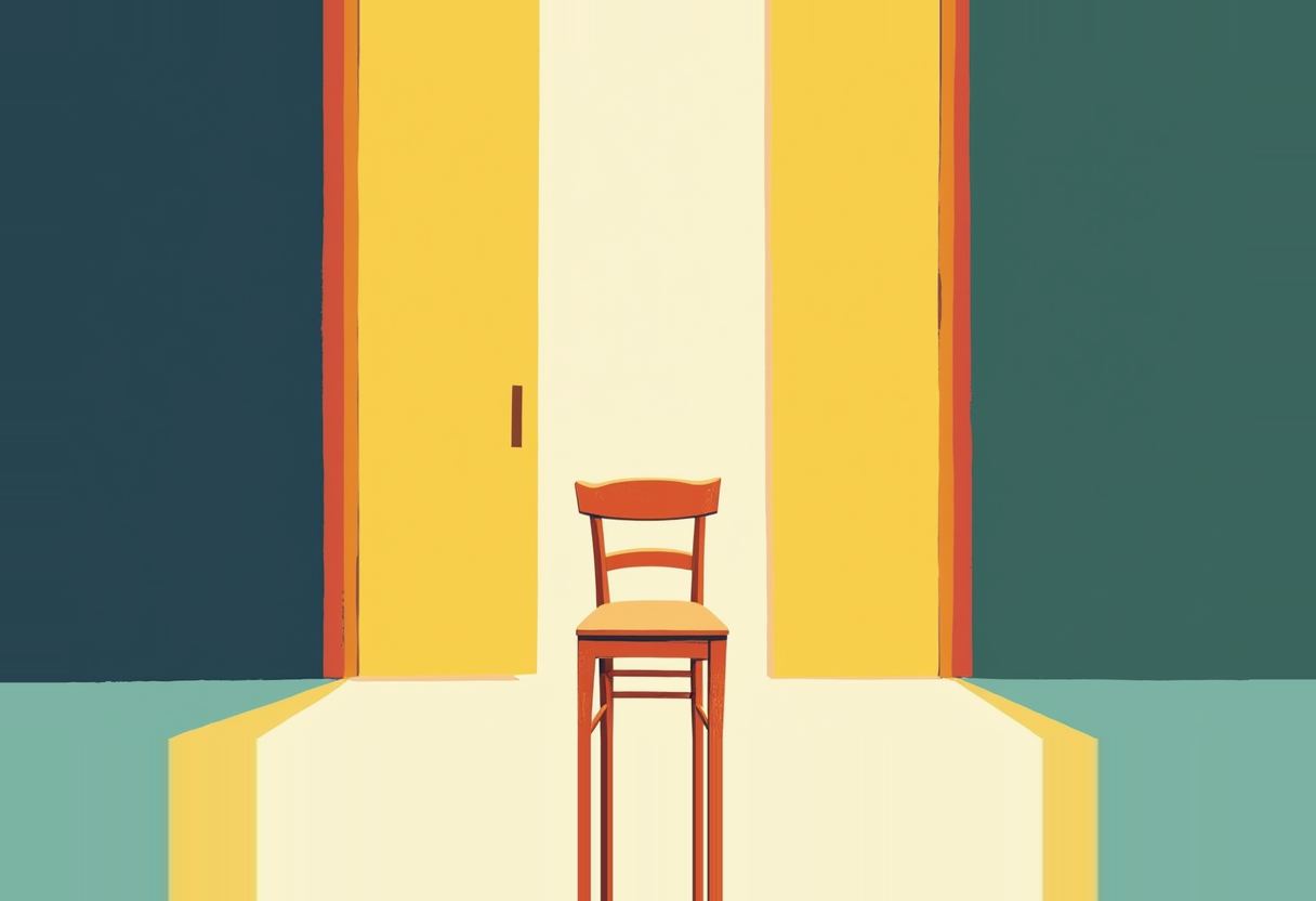 An empty orange wooden chair sits centered in a bright hallway between two open yellow doors, flanked by dark teal walls.