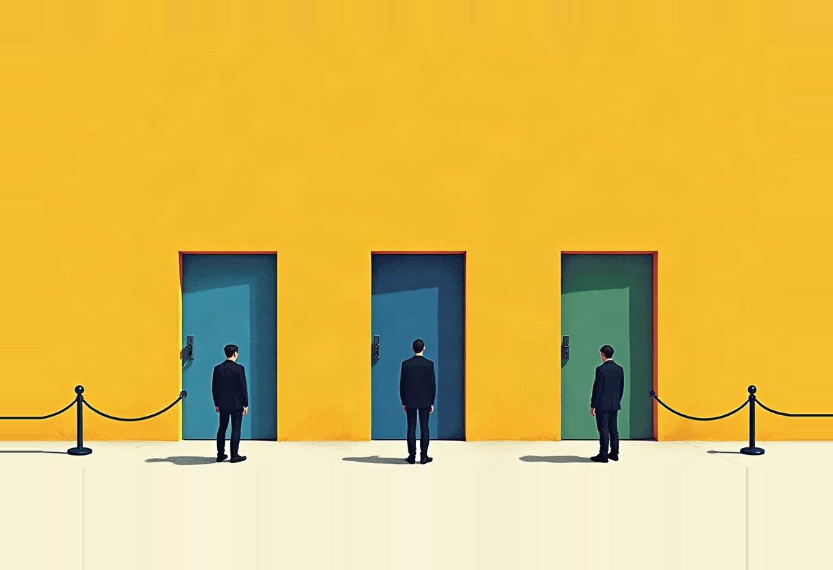Three men in dark suits stand with their backs to the camera before three closed doors (two blue, one green) set into a yellow wall, flanked by rope stanchions.