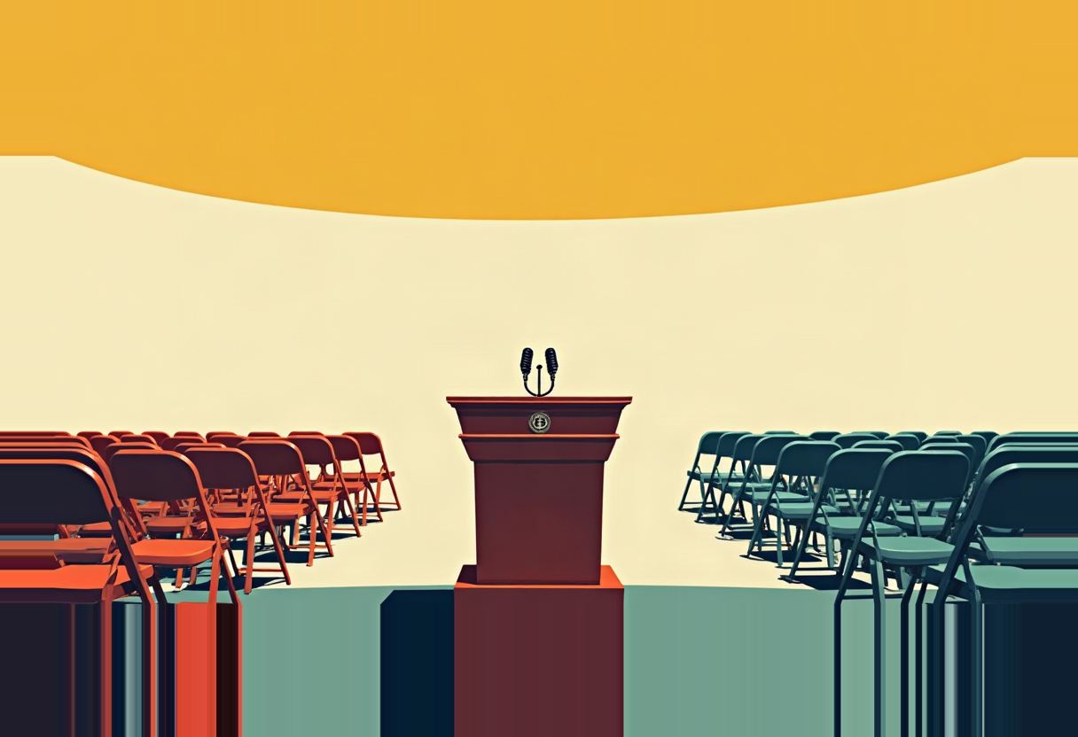 A dark red podium with two microphones stands between empty folding chairs, orange-toned on the left and teal-toned on the right, under a yellow and cream sky.