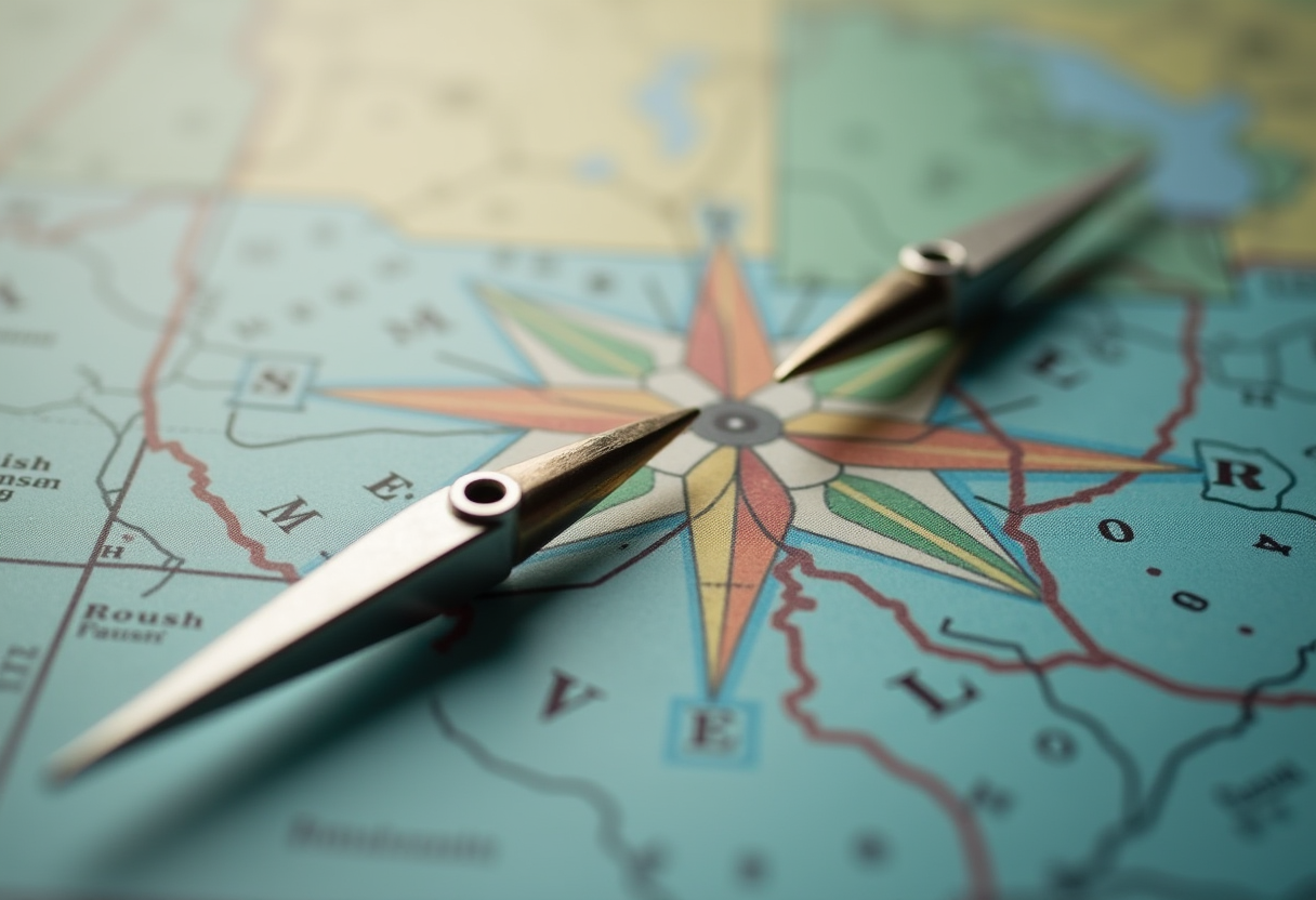 Two diverging compass needles over an abstract map of the upper midwest