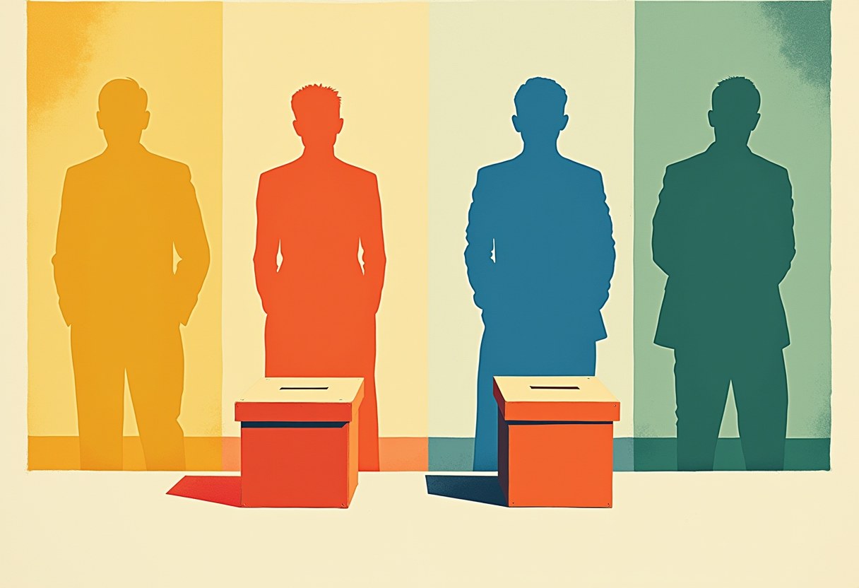 Editorial illustration of two ballot boxes standing before four color-forked silhouettes of the same onlooker, one in yellow, red, blue and green