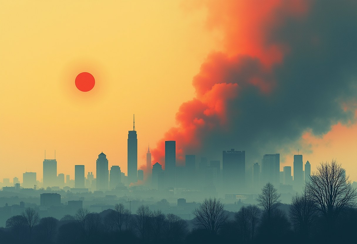 A city skyline half-swallowed by an enormous wall of orange-and-slate smoke, the sun a dim red disc, bare trees silhouetted below; two-color riso, no text.