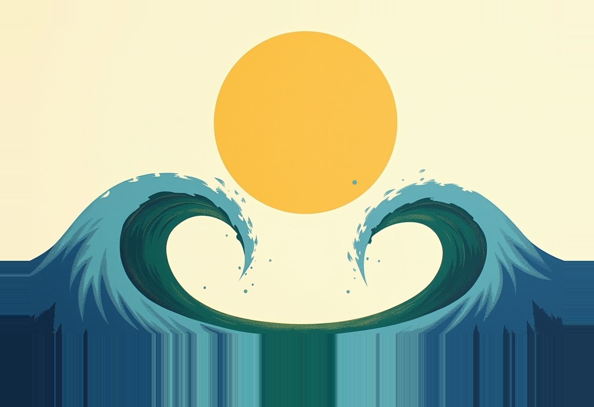 Two curling teal-blue ocean waves part symmetrically like open jaws beneath a large orange sun on a pale yellow background.