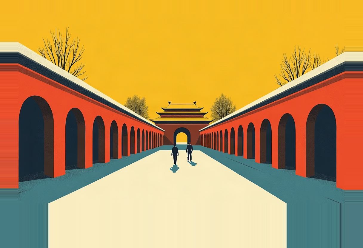 Two dark-suited figures walk away down a courtyard between red arcaded walls toward a tiered pagoda gate under a flat yellow sky.
