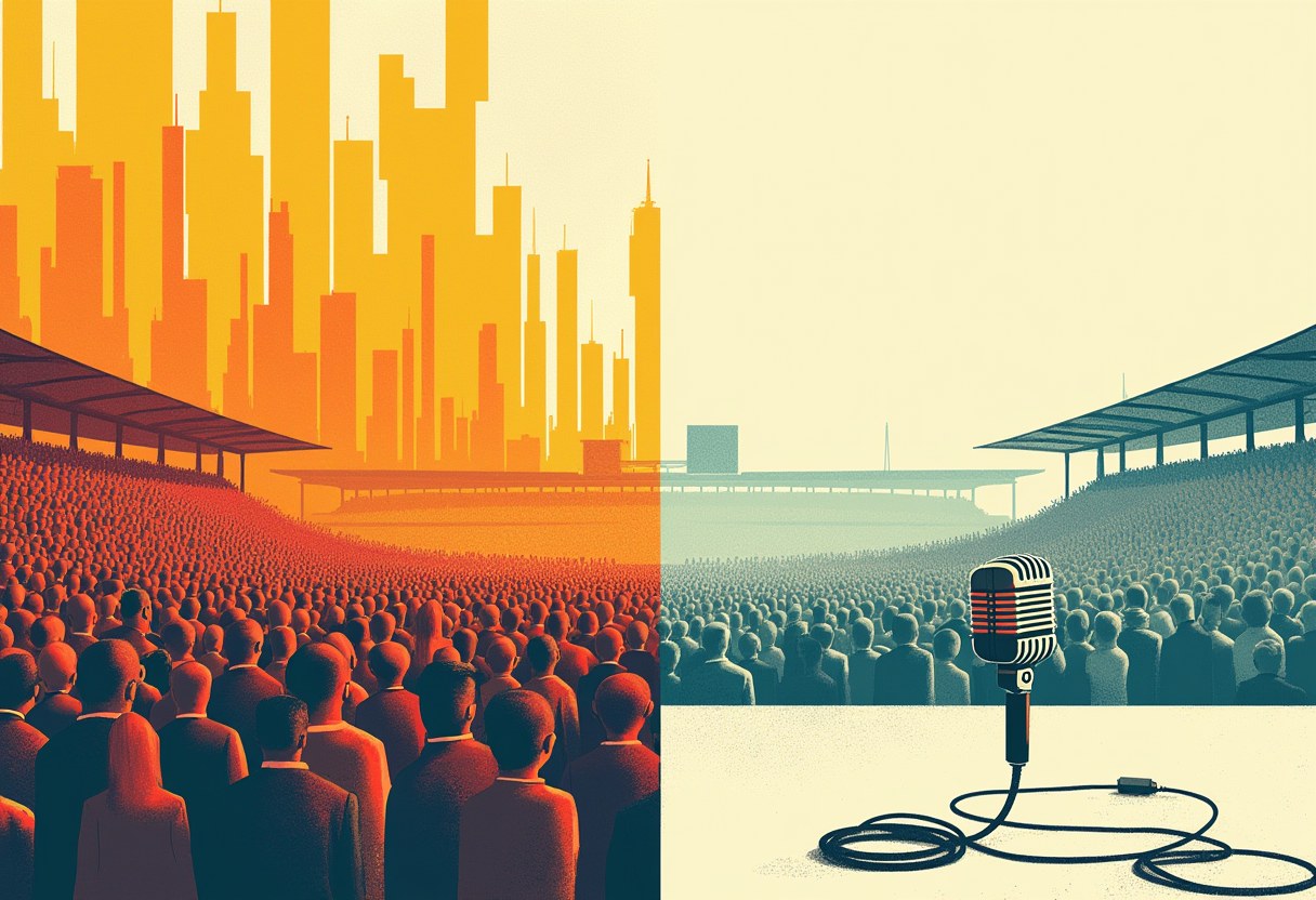 Split-frame risograph illustration of one stadium crowd seen twice: vivid orange and roaring on the left, faded to gray silence on the right, an unplugged vintage microphone in the foreground