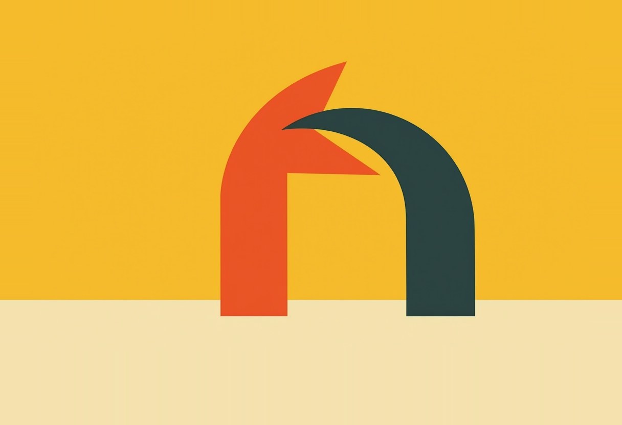 An orange arch with a jagged spearhead top interlocks with a smaller dark green arch against a mustard-yellow background above a pale tan ground.