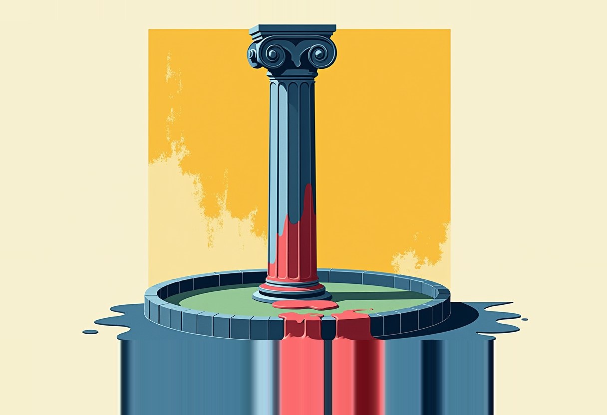 A dark blue Ionic column with red paint dripping down it stands in a circular stone basin on a green base, set against a yellow square backdrop and pale cream background.