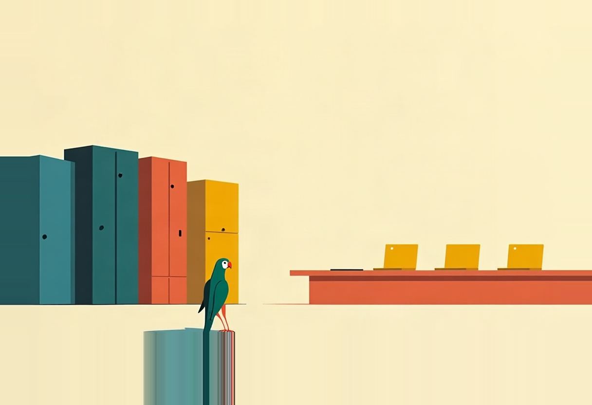 A green parrot perches atop a tall cylindrical server tower beside a row of teal, orange, and yellow server racks, facing an empty orange desk with three identical yellow laptops and chairs on a cream background.