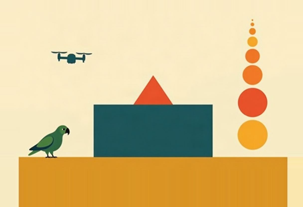 A green parrot stands on an orange ledge beside a teal rectangle with a red triangle on top, a dark drone hovers at left, and a vertical stack of orange and yellow circles rises at right.