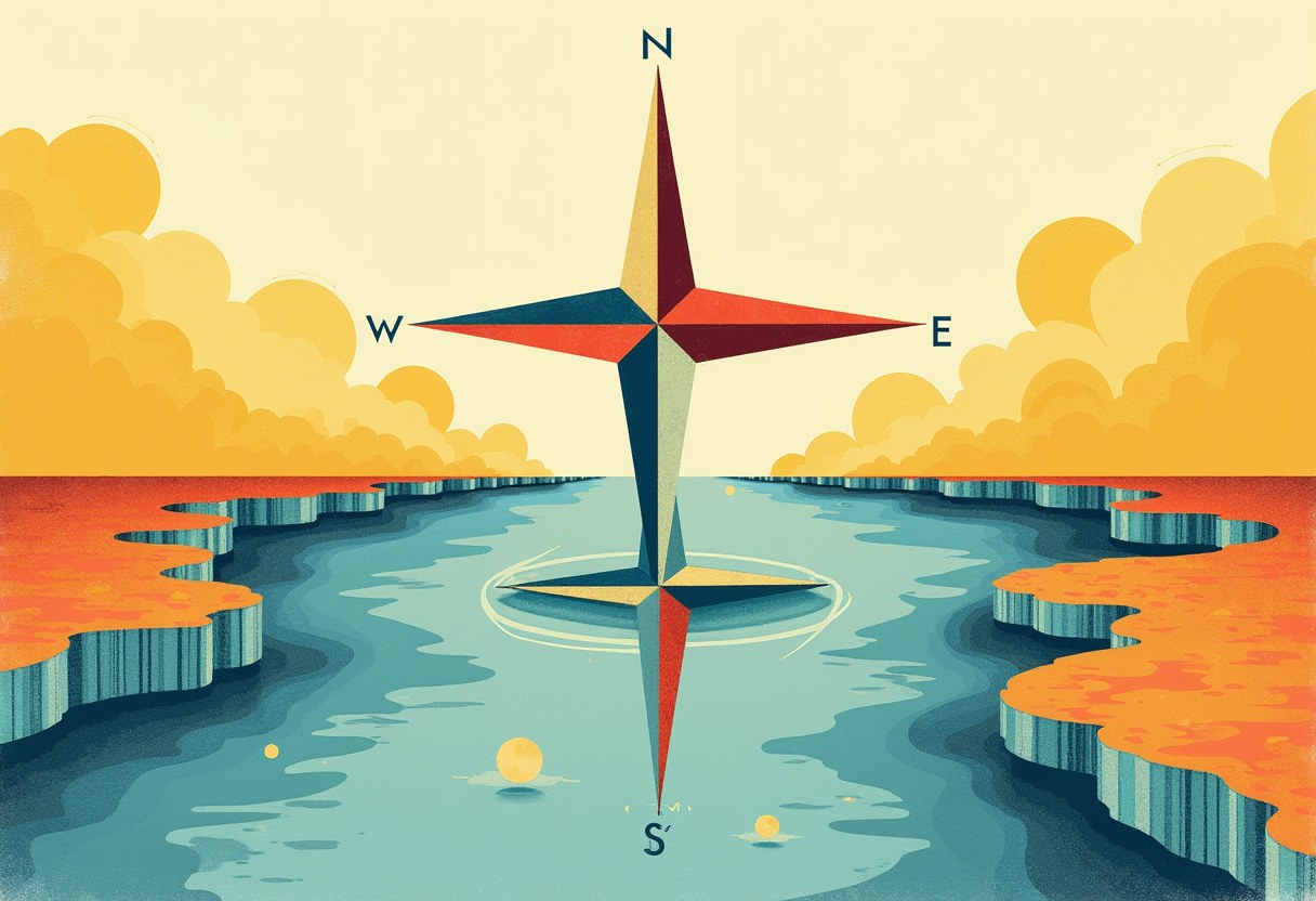 Two compass needles diverging over a strait map