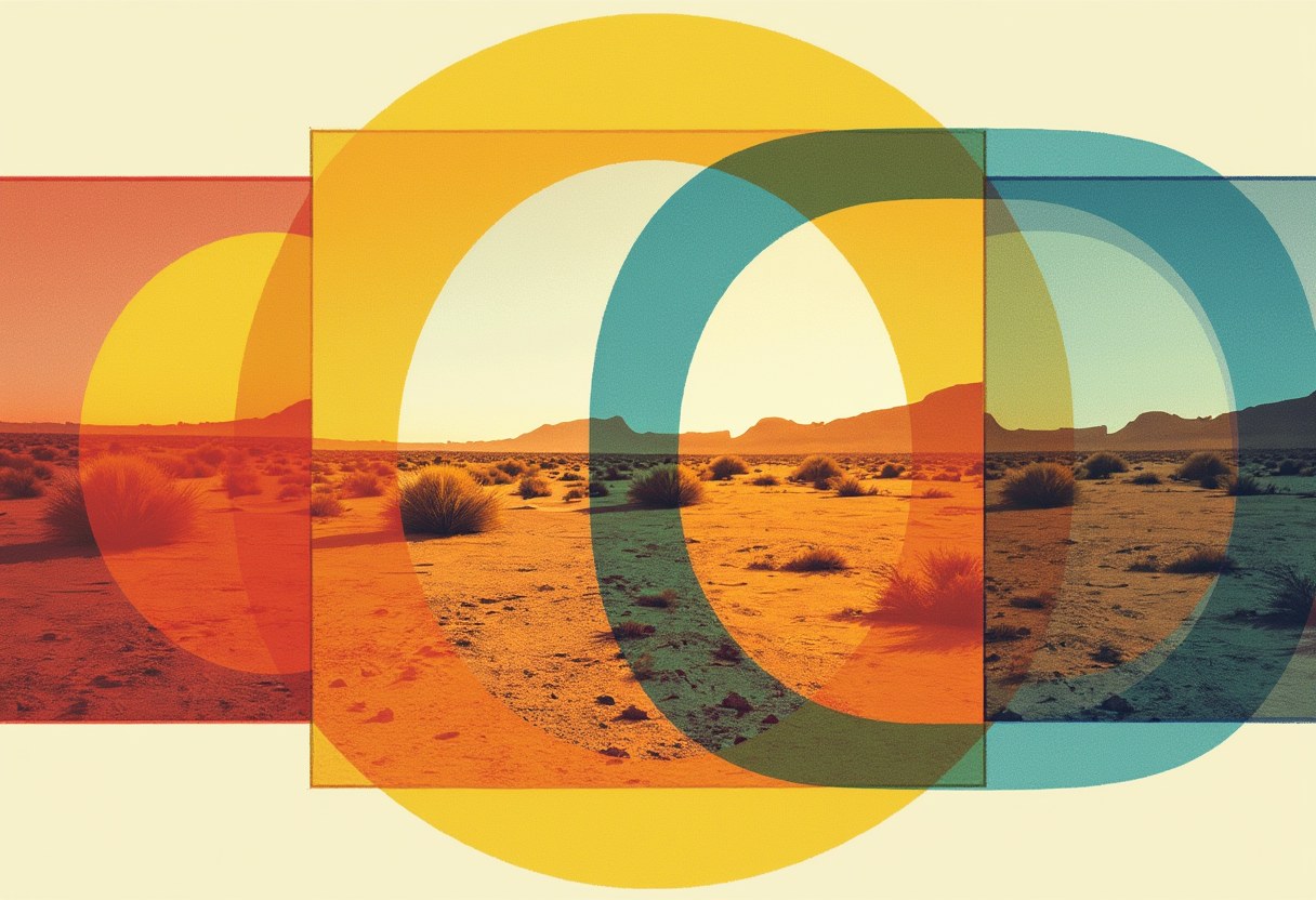 Overlapping translucent lens grids showing the same landscape through multiple angled viewfinders, warm desert tones, split perspectives