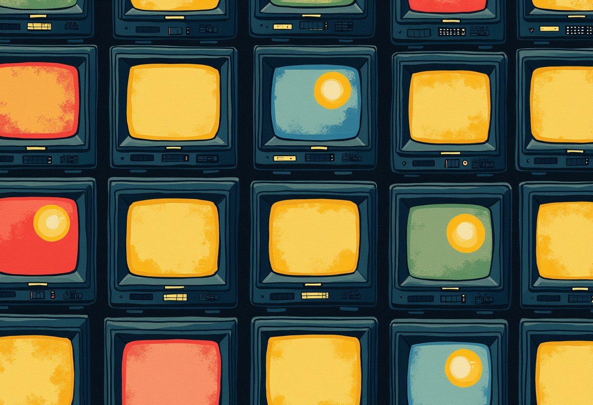 Editorial illustration of a bank of TV screens each showing a different blank news ticker with one event glowing faintly across all