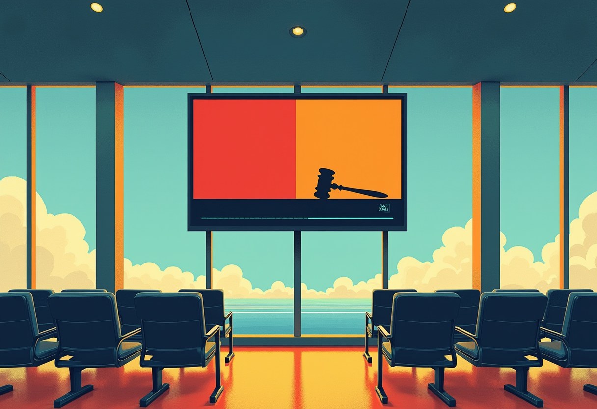 Editorial illustration of a single muted television mounted on the wall of an empty airport-gate waiting room, its screen split down the middle into a red half and an amber half with a gavel in silhouette, rows of empty chairs and blue windows below